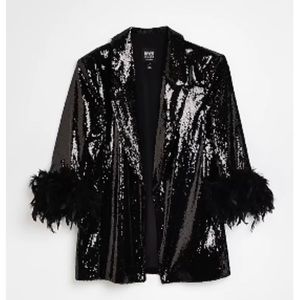 Black Sequin Feather Cuff Blazer